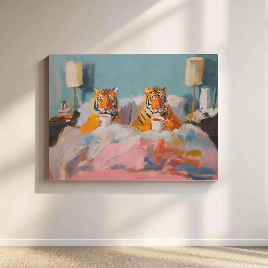 Tiger Canvas Wall Art | Whimsical Tigers Drinking Coffee In Bed Painting | Premium Gallery Wrap Decor | Unique Animal Lover Gift Idea