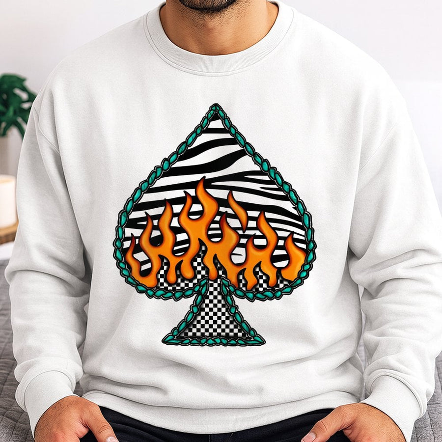 Spade Graphic Sweatshirt | Zebra Print Flame Poker Card Design | Premium Cotton-Blend | Aesthetic Western Streetwear Gift for Women & Men