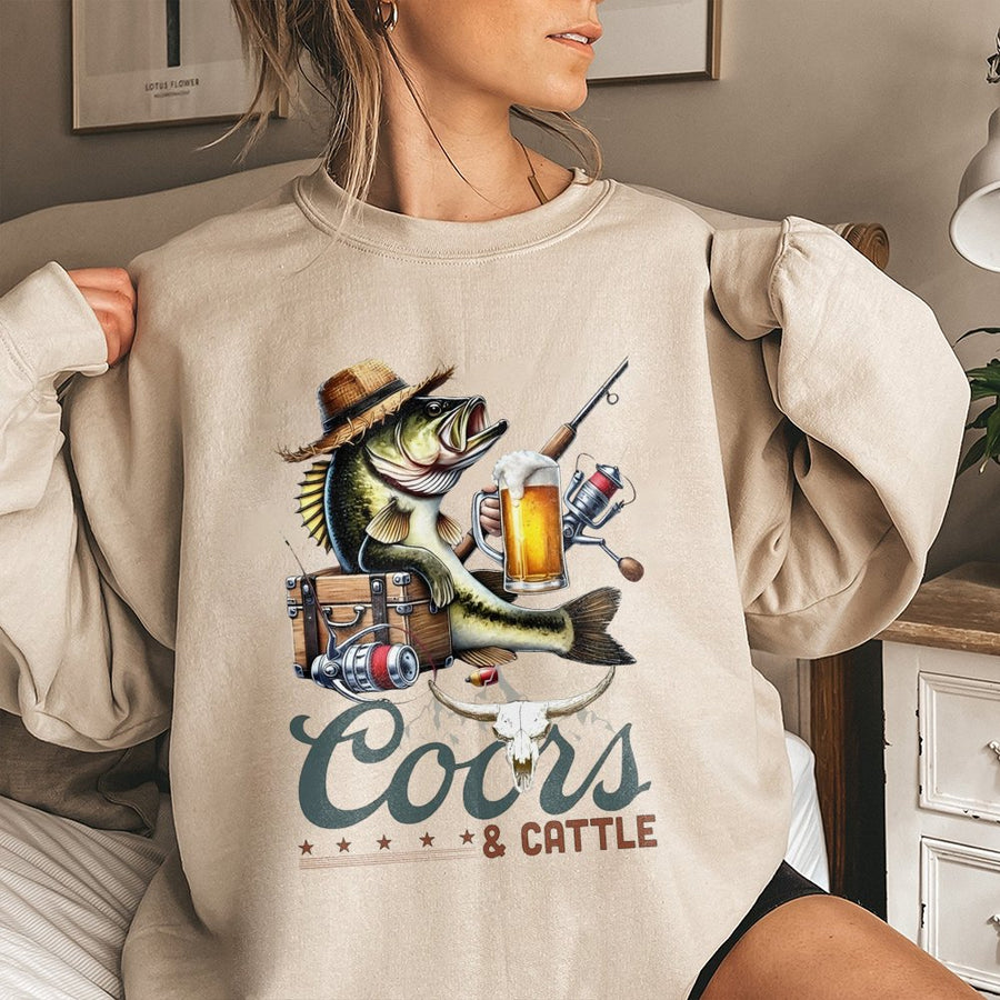 Coors Sweatshirt, Beer Fishing Sweatshirt For Men, Coors And Cattle Country Western Sweatshirt, Bass Fishing Graphic With Cowboy Cattle