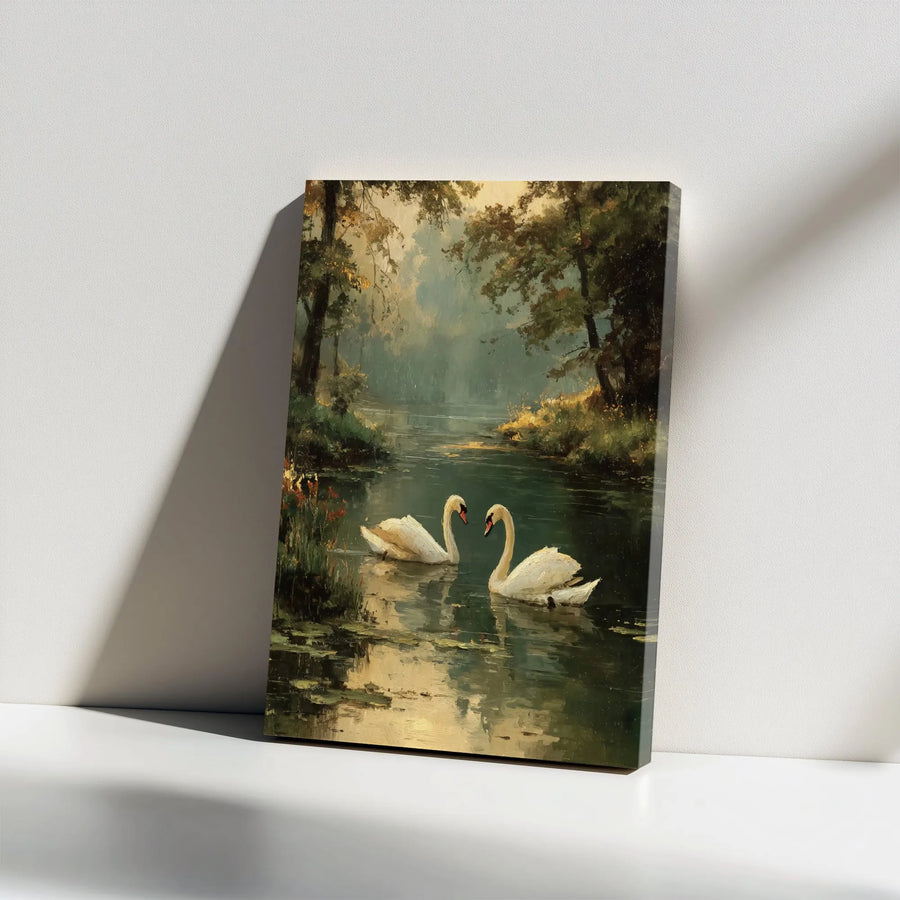 Romantic Swans Canvas Wall Art | Vintage Impressionist Lake Painting | Premium 1.25" Thick Gallery Wrapped Canvas | Serene Nature Home Decor Gift