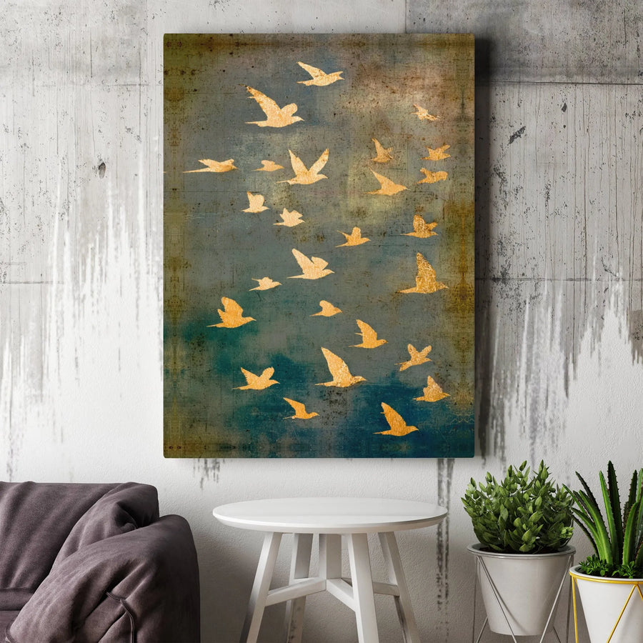 Golden Birds Wall Art | Distressed Teal Vintage Flock Canvas | Premium Gallery Wrapped Decor | Nature Lover Home Office Gift