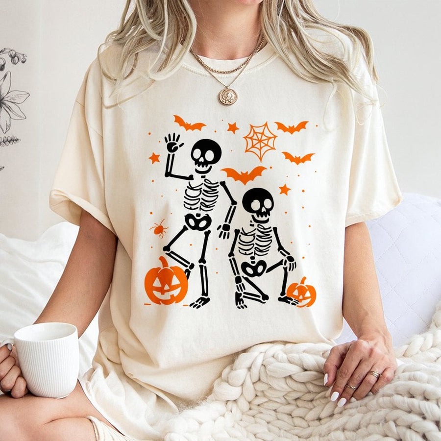 Skeleton Halloween T-Shirt | Funny Spooky Skeletons and Pumpkins Graphic | Premium 100% Cotton Tee | Unisex Gift for Halloween Party Lovers