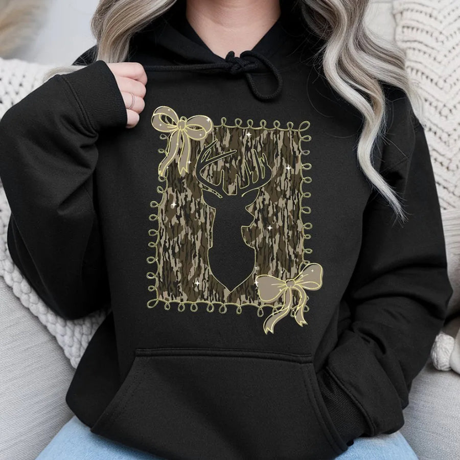Camo Deer Head Hoodie | Bow Graphic Country Style | Premium Cotton Blend | Gift for Her Country Girl Hunting Fan