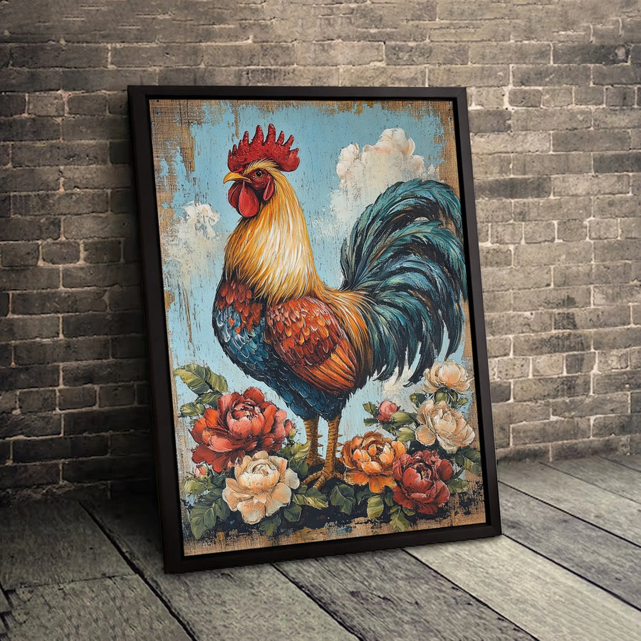 Rustic Rooster Canvas Wall Art | Farmhouse Floral Painting Print | Premium Gallery Wrapped Decor | Kitchen & Country Home Gift
