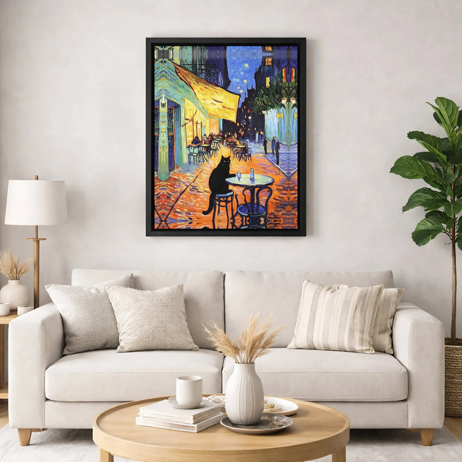 Black Cat Canvas Wall Art | Van Gogh Cafe Terrace Parody | 1.25-Inch Gallery Wrap | Whimsical Famous Painting Gift for Cat Lovers