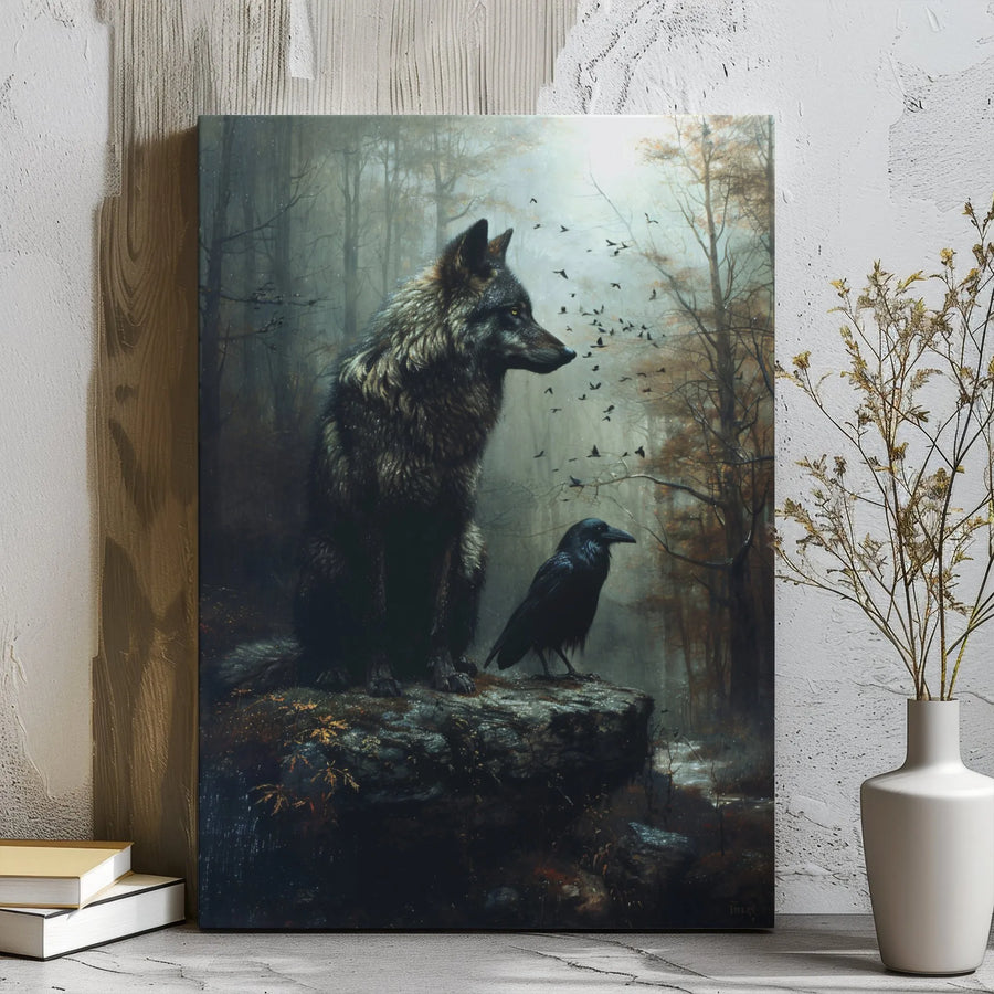 Wolf And Raven Canvas Wall Art | Dark Forest Mystical Wildlife Print | Premium 1.25 inch Gallery Wrap | Gothic Home Decor For Nature Lovers