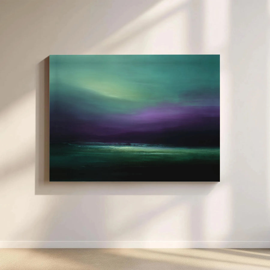Abstract Northern Lights Canvas | Moody Teal Purple Landscape Wall Art | Gallery Quality 1.25" Framed Print | Modern Minimalist Home Decor Gift