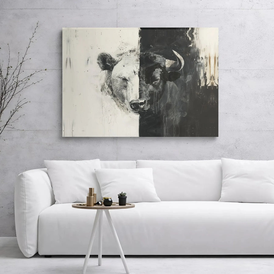 Bear and Bull Split Canvas Wall Art | Abstract Stock Market Decor | Premium Gallery Wrap Wooden Frame | Office Wall Decor Gift for Investors