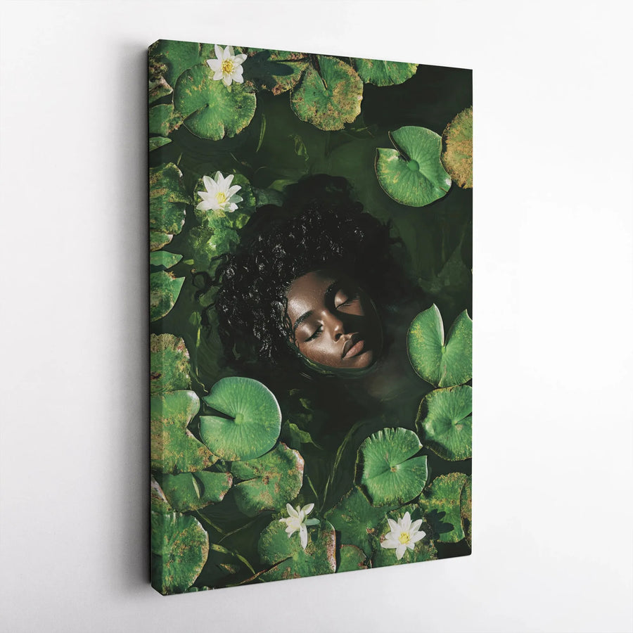 Black Woman Portrait Wall Art | Serene Water Lily Pond Nature Print | Gallery-Quality 1.25" Canvas | Premium Home Decor Gift for Her
