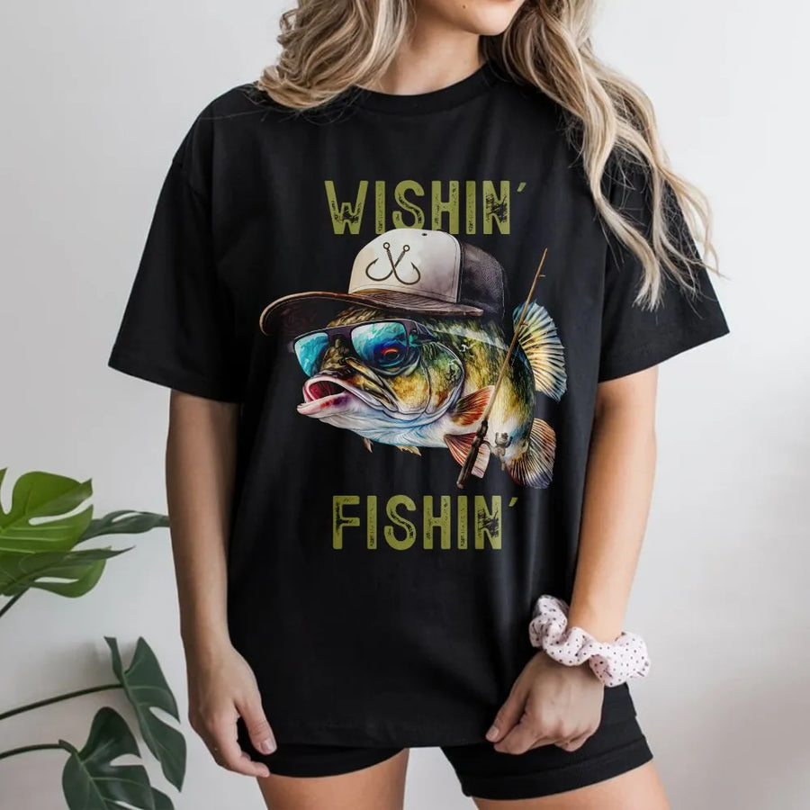 Wishin' Fishin' Bass T-Shirt | Cool Graphic Fishing Design | 100% Premium Cotton | Perfect Gift for Fishermen & Outdoor Enthusiasts