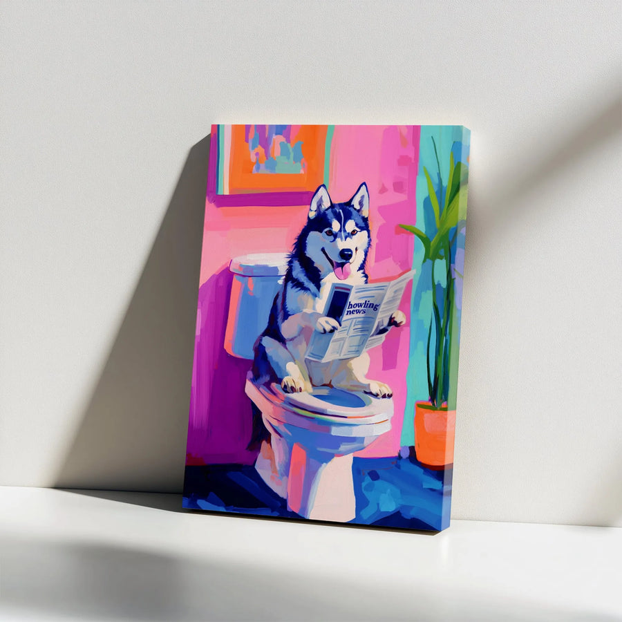 Siberian Husky Toilet Canvas Print | Funny Dog Reading Newspaper Wall Art | Pop Art Animal Decor | Bathroom Humor Gift for Dog Lovers