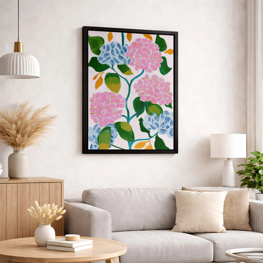 Hydrangea Floral Canvas Wall Art | Pink and Blue Botanical Painting | 1.25-Inch Premium Gallery Wrap | Modern Home Office Decor Gift