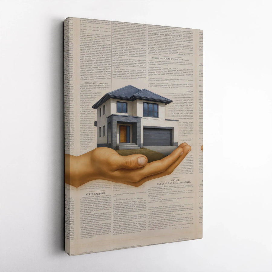 Real Estate Canvas Print | Surreal House in Hand Art on Newspaper Background | Premium Gallery Wrapped Canvas | Gift for Realtor Office Decor