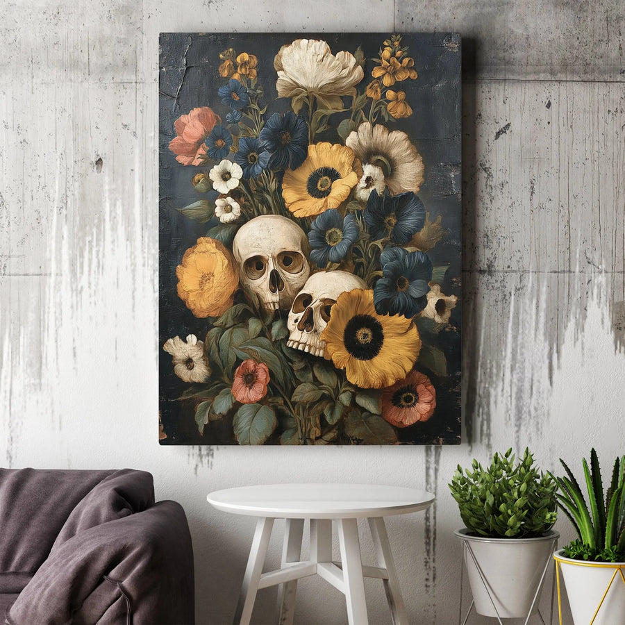 Gothic Floral Skull Canvas | Vintage Still Life Botanical Print | Premium Gallery Wrapped Canvas | Collector's Gift for Gothic Home Decor