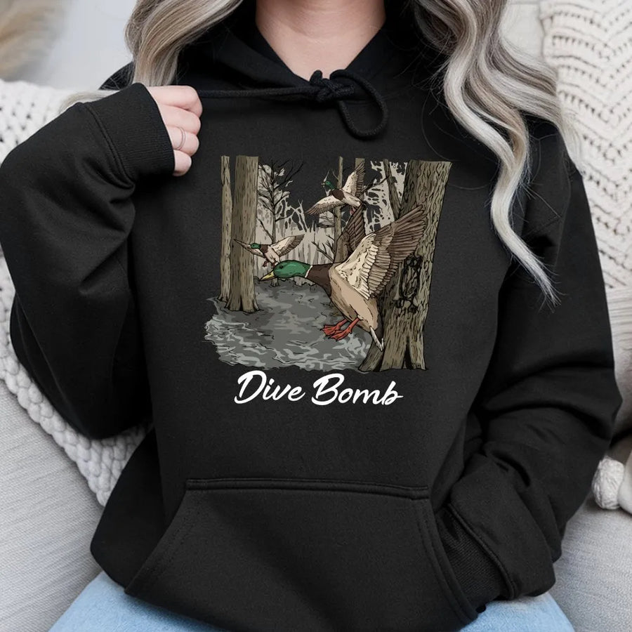 Duck Hunting Hoodie | Dive Bomb Mallard Graphic Tee | Soft Cotton Unisex Shirt | Gift for Hunter & Outdoorsman