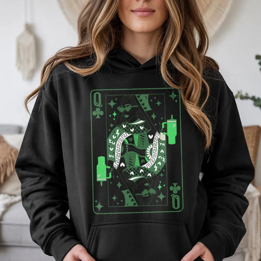 Queen of Clubs St. Patrick's Day Hoodie | Retro Playing Card Graphic | Premium Cotton Blend | Gift for Her & Pub Crawl Outfits