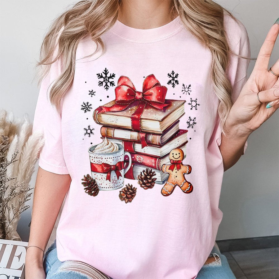 Christmas Book Lover T-Shirt | Festive Reading Stack with Gingerbread & Coffee | Premium 100% Cotton | Cozy Holiday Gift for Readers