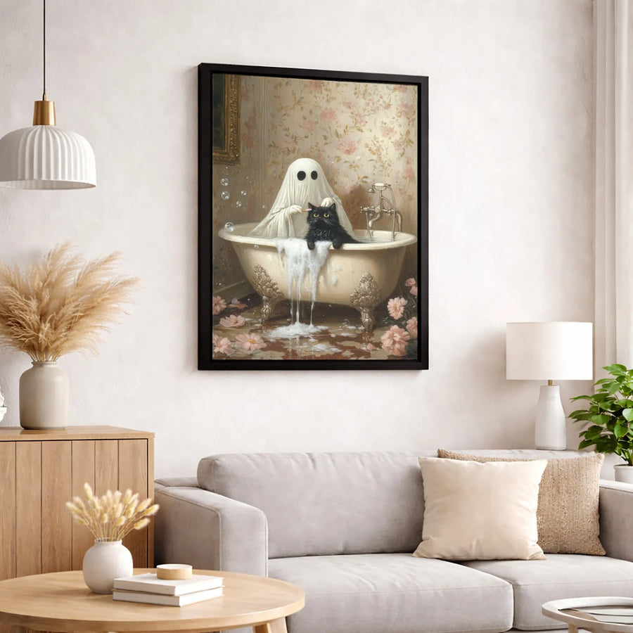 Ghost Brushing Black Cat in Bathtub Canvas | Whimsical Spooky Bathroom Wall Art | Premium 1.25-inch Gallery Wrapped | Cute Halloween Home Decor Gift