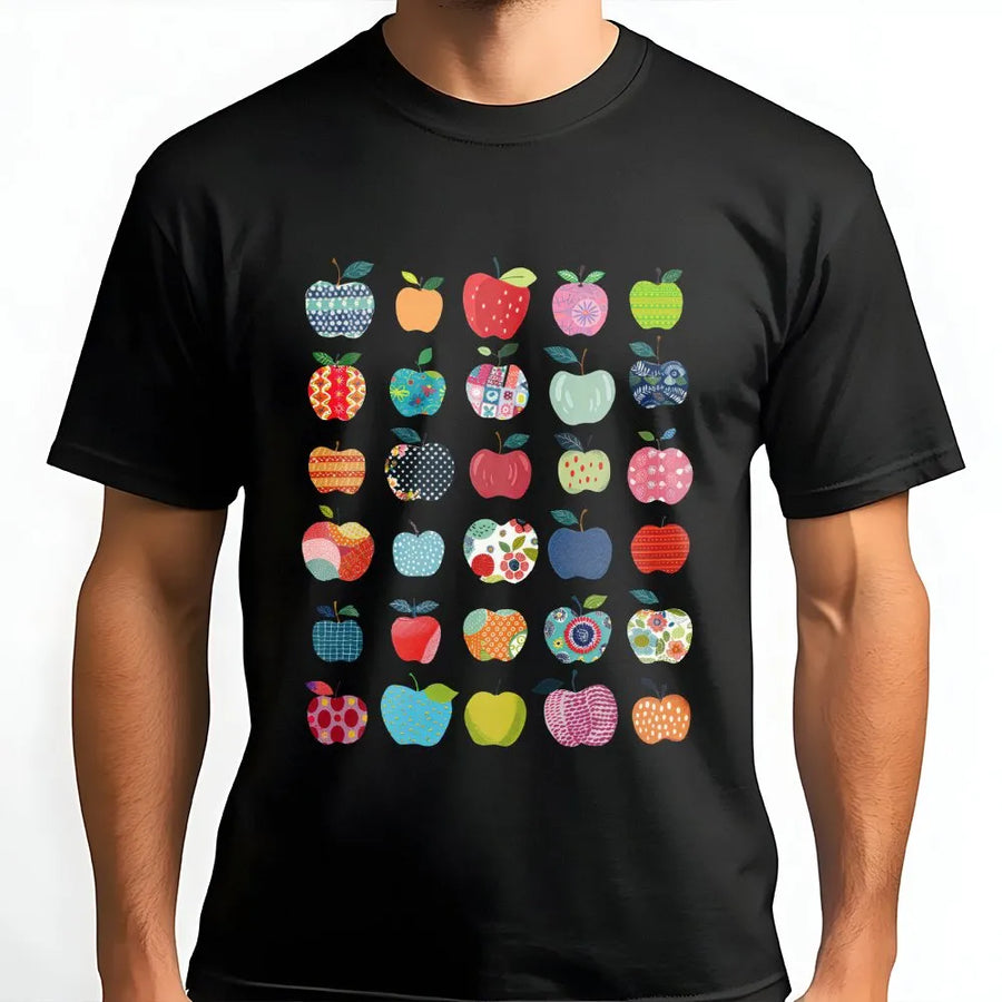Teacher Apple T-Shirt | Colorful Retro Apple Pattern | Soft Cotton Tee | Back to School Teacher Appreciation Gift