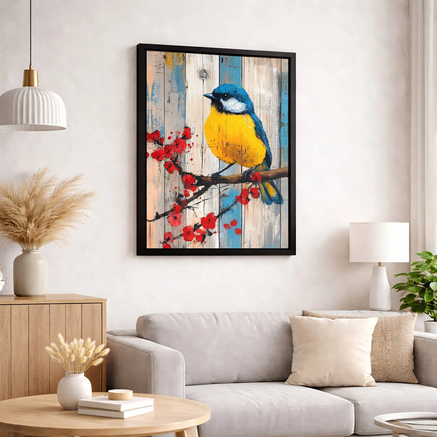 Blue and Yellow Bird Canvas Wall Art | Rustic Wood Floral Branch Painting | Premium Fade-Resistant Print | Nature Home Decor for Living Room