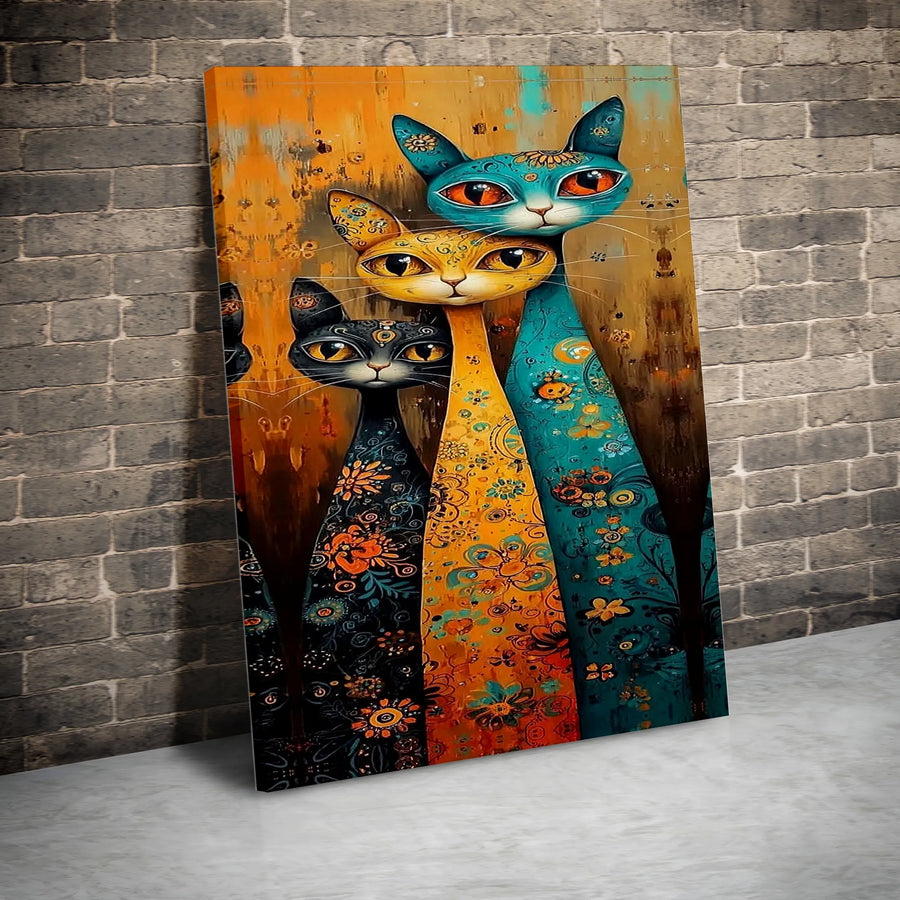 Abstract Cat Canvas Wall Art | Colorful Floral Bohemian Kittens | Premium Gallery-Wrapped Print | Whimsical Home Decor Gift for Cat Lovers