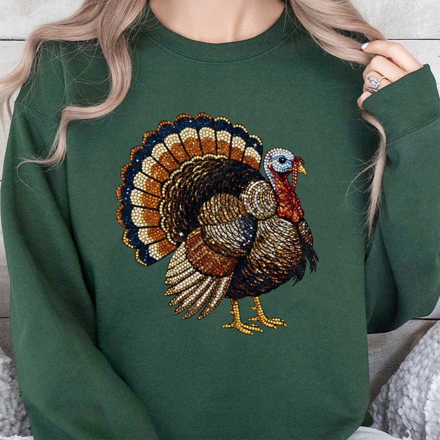 Thanksgiving Turkey Sweatshirt | Faux Rhinestone Graphic Print | Premium Cotton-Poly Blend | Festive Holiday Gift For Women And Men