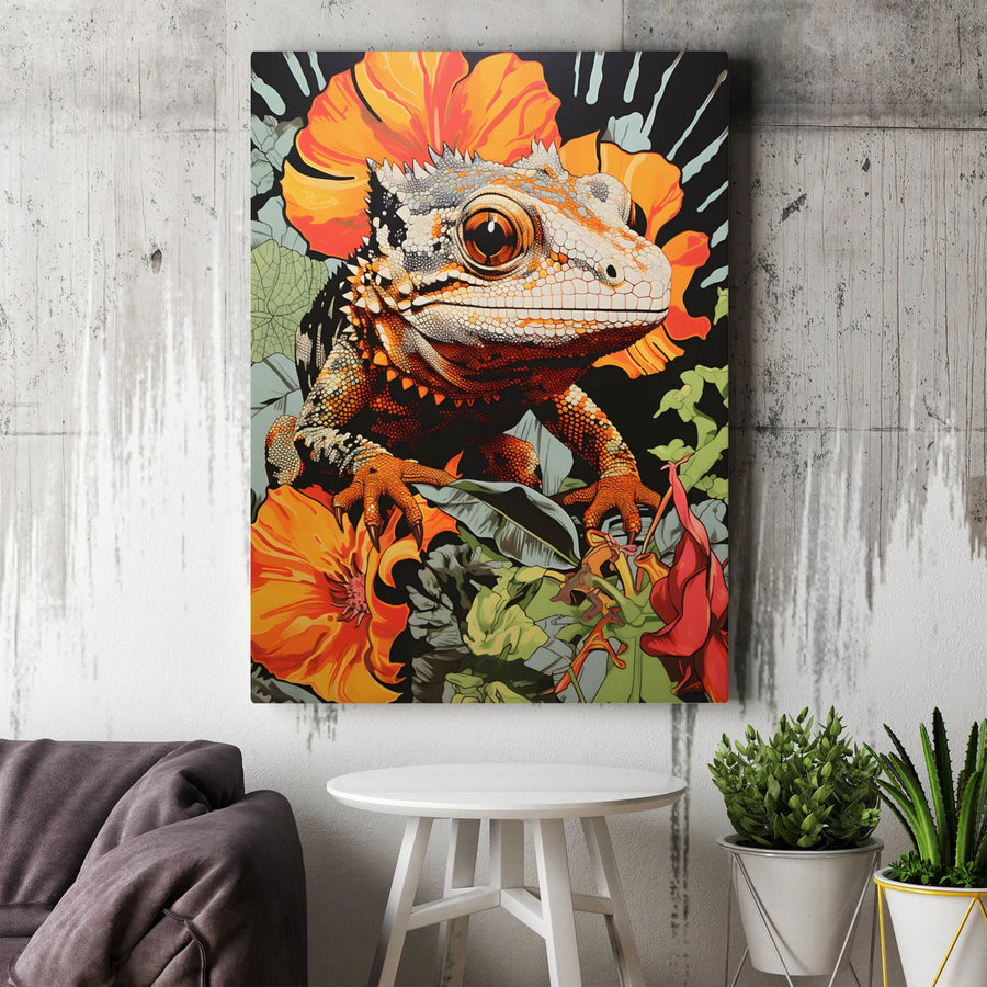 Gecko Canvas Wall Art | Vibrant Tropical Lizard with Orange Flowers | Premium Gallery-Wrapped Print | Reptile Lover Home Decor Gift