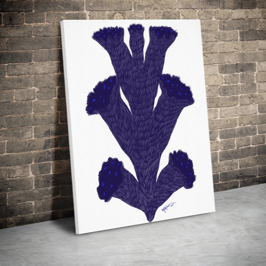 Abstract Botanical Vertical Canvas | Minimalist Indigo Blue Floral Sketch | Premium Thick Gallery Wrap | Modern Home Decor Gift