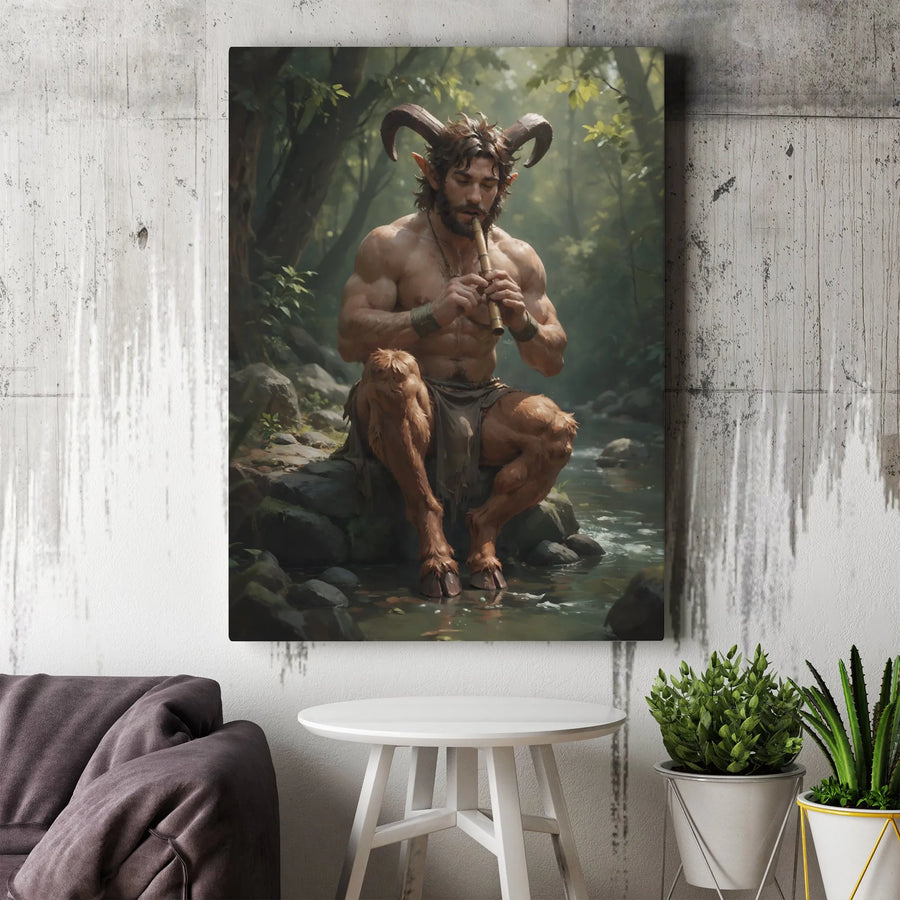 Faun Wall Art Canvas | Mythological Satyr Playing Flute | Premium Gallery Wrapped Decor | Fantasy Forest Home Gift