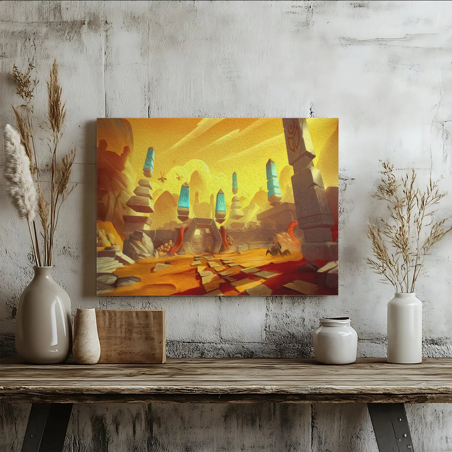 Fantasy Desert Ruins Canvas | Glowing Blue Pillars Landscape Art | Premium Gallery-Wrap Wall Decor | Mystical Gaming Room Interior Gift