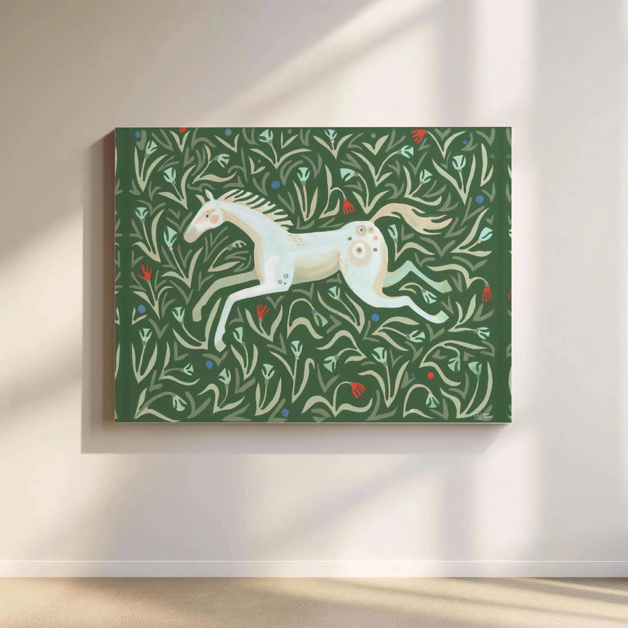 White Horse Canvas Print | Folk Art Botanical Floral Design | 1.25 Inch Gallery Wrap | Premium Wall Art For Living Room Decor