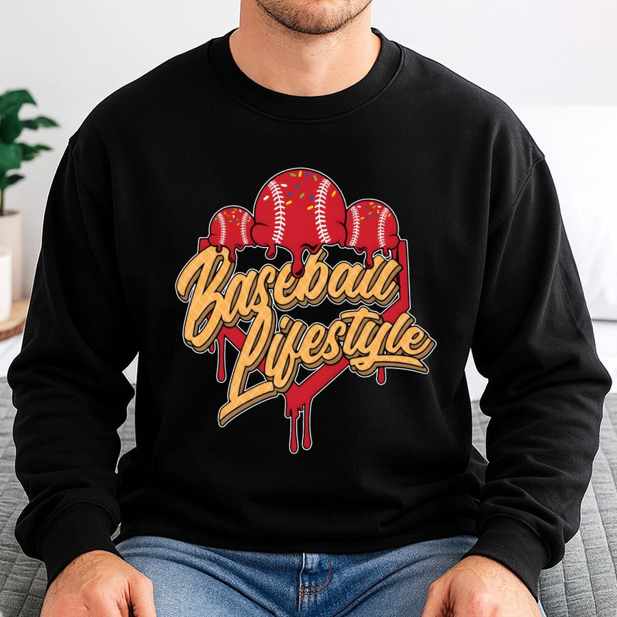 Baseball Lifestyle Sweatshirt | Melting Baseball Ice Cream Design | Cotton Blend Premium Crewneck | Unique Baseball Gift For Players & Fans