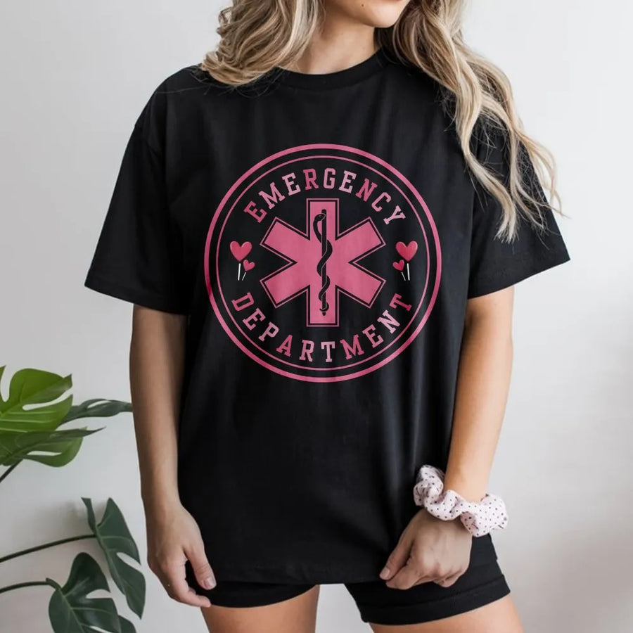 Emergency Department T-Shirt | Pink Heart Medical Symbol Print | Premium Soft Cotton Tee | Valentine Gift for ER Nurse, Doctor, or EMT