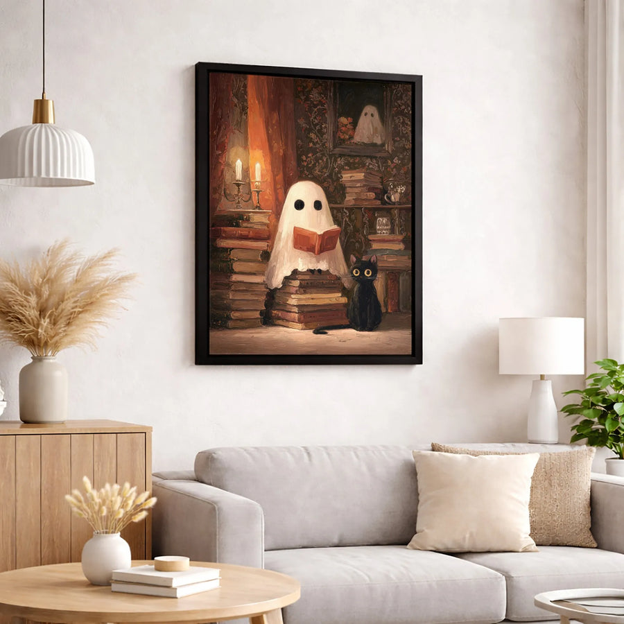 Ghost Reading Book Canvas Wall Art | Whimsical Library Black Cat Print | Gallery Quality Home Decor | Spooky Autumn Aesthetic Gift for Readers