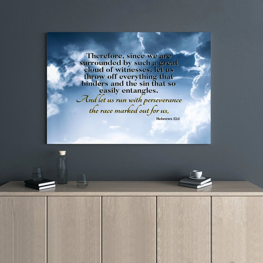 Hebrews 12:1 Bible Verse Canvas | Inspirational Scripture Wall Art | 1.25" Thick Premium Gallery Wrap | Encouraging Religious Home Decor Gift