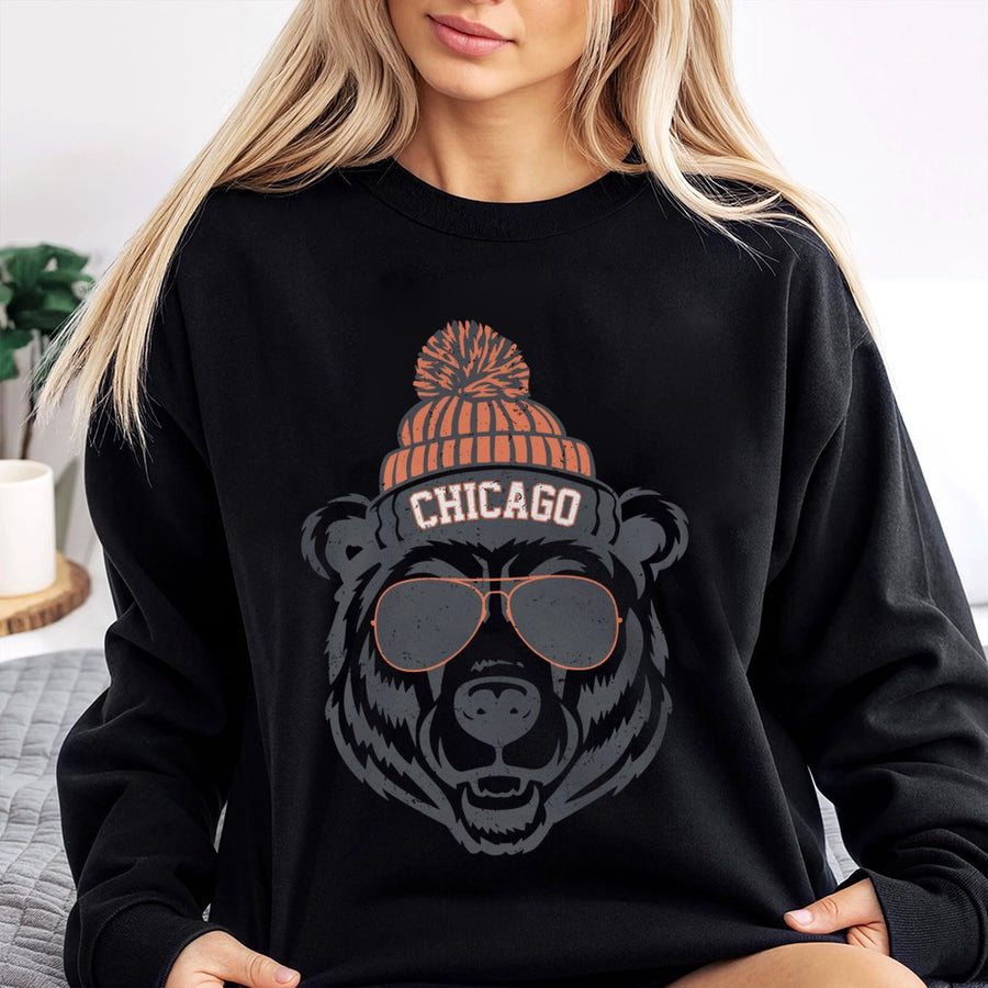 Chicago Bear Wearing Sunglasses And A Beanie Sweatshirt