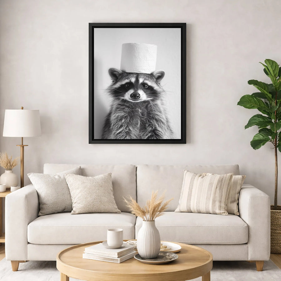 Funny Raccoon Bathroom Wall Art | Quirky Toilet Paper Head Portrait | Premium 1.25 Inch Gallery Canvas | Humorous Home Decor Gift for Animal Lovers