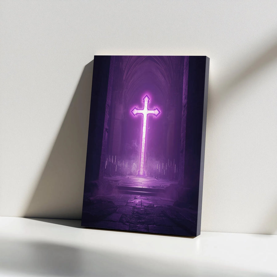 Christian Cross Canvas Wall Art | Purple Neon Light in Gothic Church | Premium Thick Gallery Wrap | Modern Christian Decor Gift