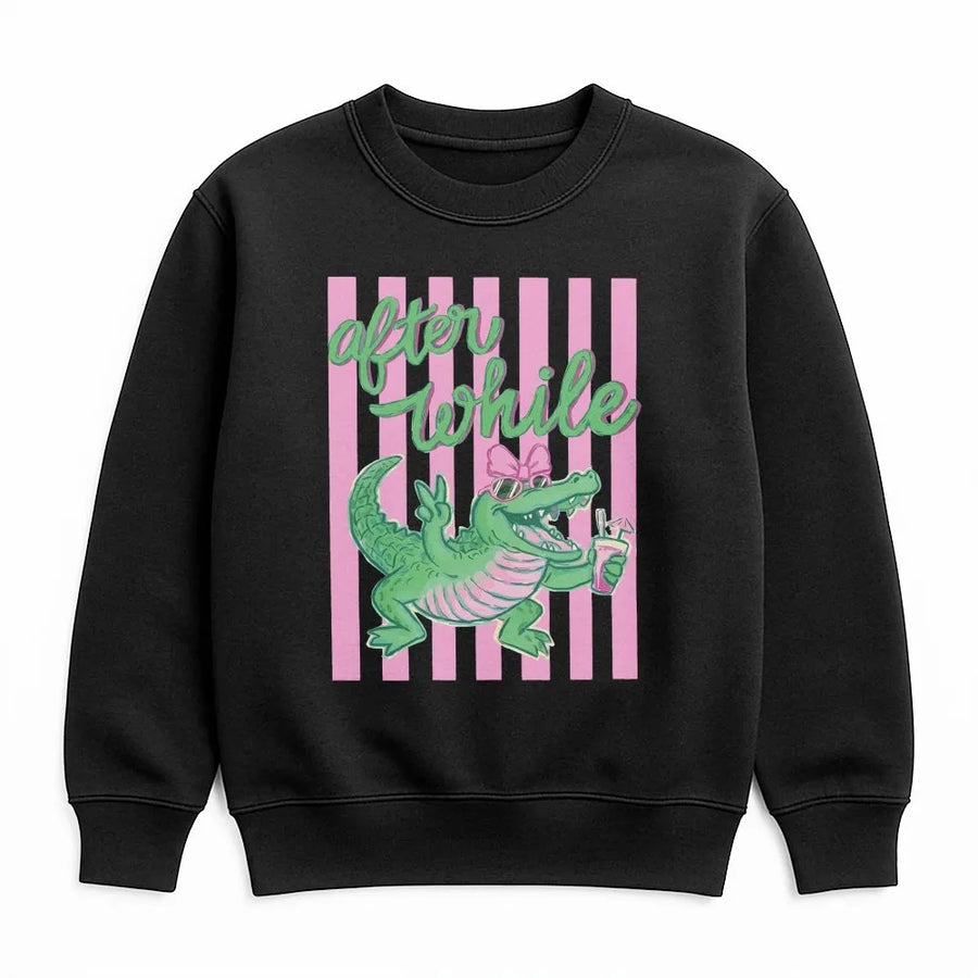 After While Crocodile Sweatshirt | Funny Pink & Green Gator Graphic | Soft Cotton Blend | Preppy Beach Vacation Gift for Women