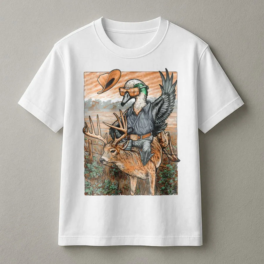 Buckin Deer Duck Graphic T-Shirt | Retro Cowboy Mallard Hunting Art | Premium Soft Cotton Tee | Funny Outdoor Wildlife Gift For Hunters