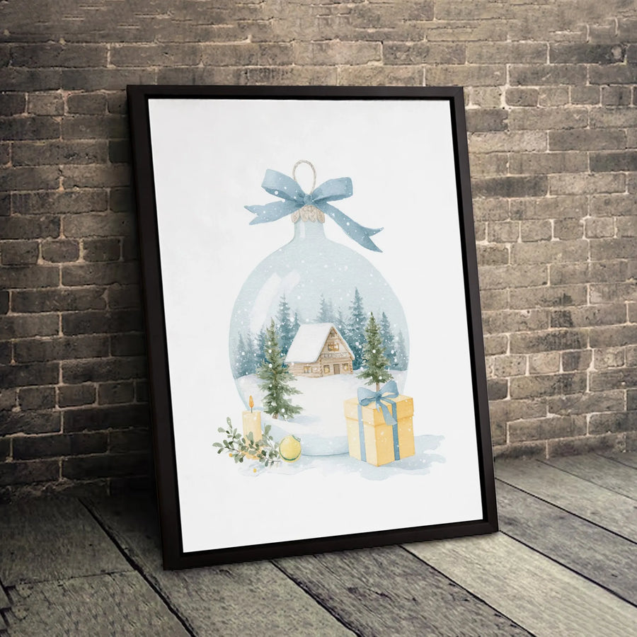 Watercolor Christmas Ornament Canvas Print | Snowy Log Cabin Winter Scene | Gallery Wrapped Premium Wall Art | Festive Holiday Home Decor Gift