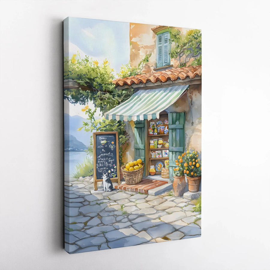Italian Amalfi Coast Wall Art | Watercolor Lemon Shop Canvas | Premium Gallery Wrapped Print | Mediterranean Decor Gift