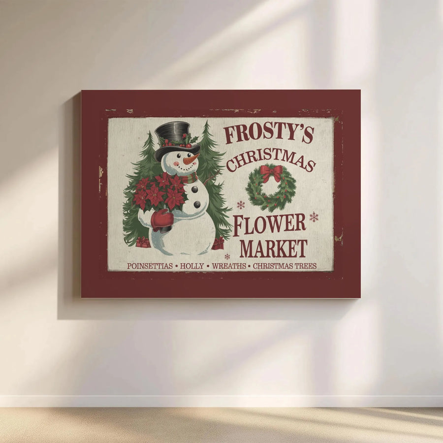 Christmas Wall Art Canvas | Vintage Snowman Poinsettia Flower Market | Premium Gallery Wrap Decor | Festive Holiday Home Gift