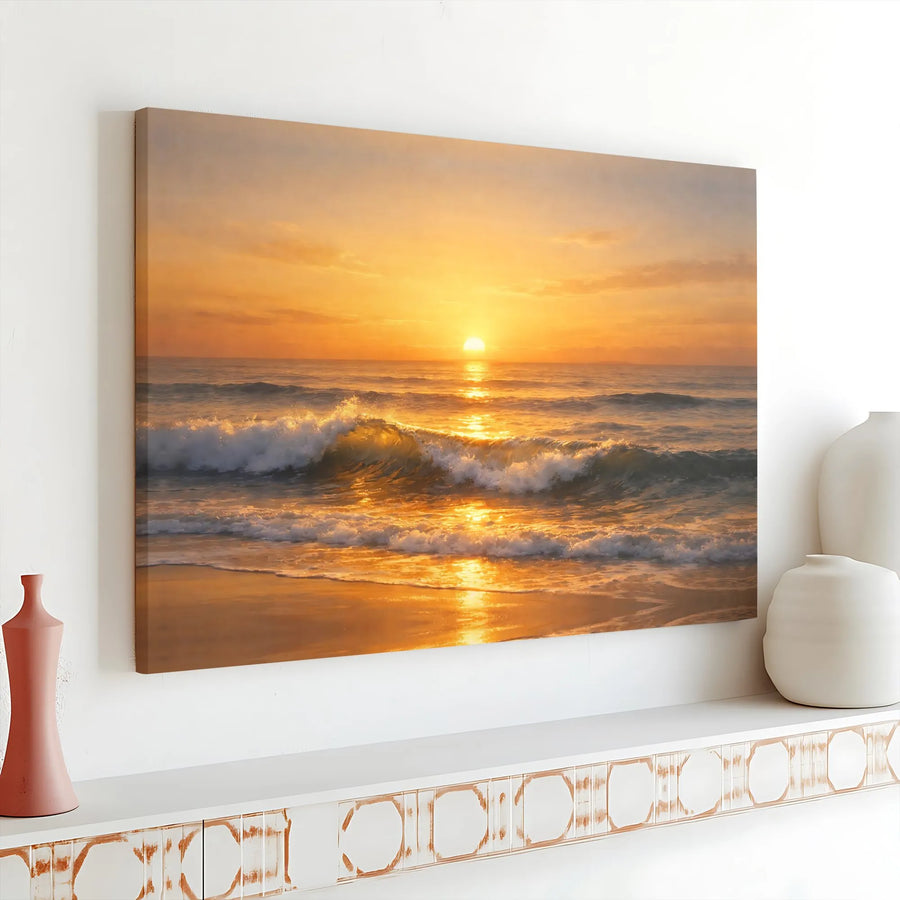 Ocean Sunset Canvas Wall Art | Realistic Seascape Painting | Premium Gallery Wrapped Canvas | Living Room & Bedroom Decor Gift