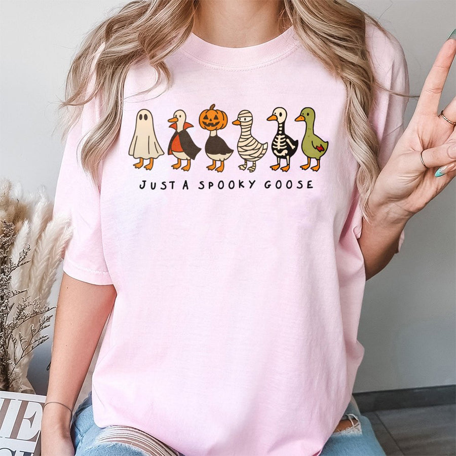 Spooky Goose Halloween T-Shirt | Funny Ghost Skeleton Duck Costume Graphic | 100% Cotton Premium Tee | Cute Fall Festival Gift for Animal Lovers