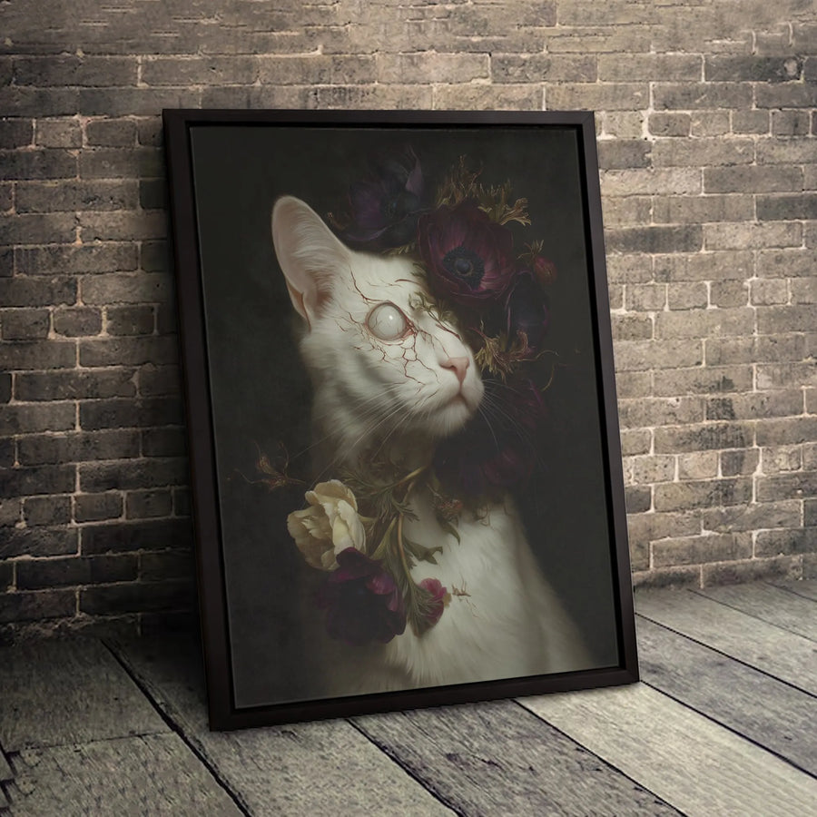 Gothic White Cat Canvas Art | Dark Surreal Floral Portrait | 1.25 Inch Premium Gallery Wrap | Spooky Home Decor Gift for Cat Lovers