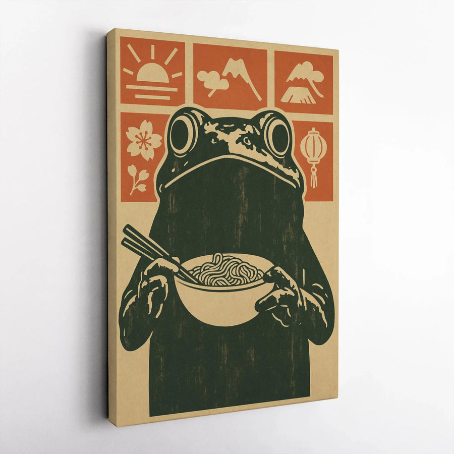 Japanese Frog Ramen Canvas Wall Art | Vintage Ukiyo-e Style Block Print | Premium Gallery Wrap Canvas | Unique Kitchen Decor Gift for Foodie