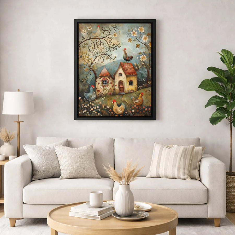 Whimsical Chicken Farmhouse Wall Art | Folk Art Rooster Canvas Print | Premium Gallery Wrapped Decor | Unique Country Kitchen Gift Idea