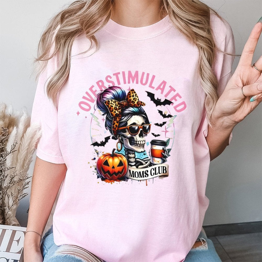 Overstimulated Moms Club T-Shirt | Funny Skeleton Mom Halloween Graphic | 100% Cotton Premium Comfort Tee | Spooky Season Gift For Mom