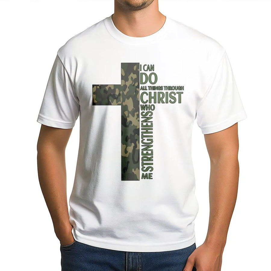 I Can Do All Things Through Christ T-Shirt | Camo Cross Graphic Print | Premium Soft Cotton | Inspirational Religious Gift for Men and Women